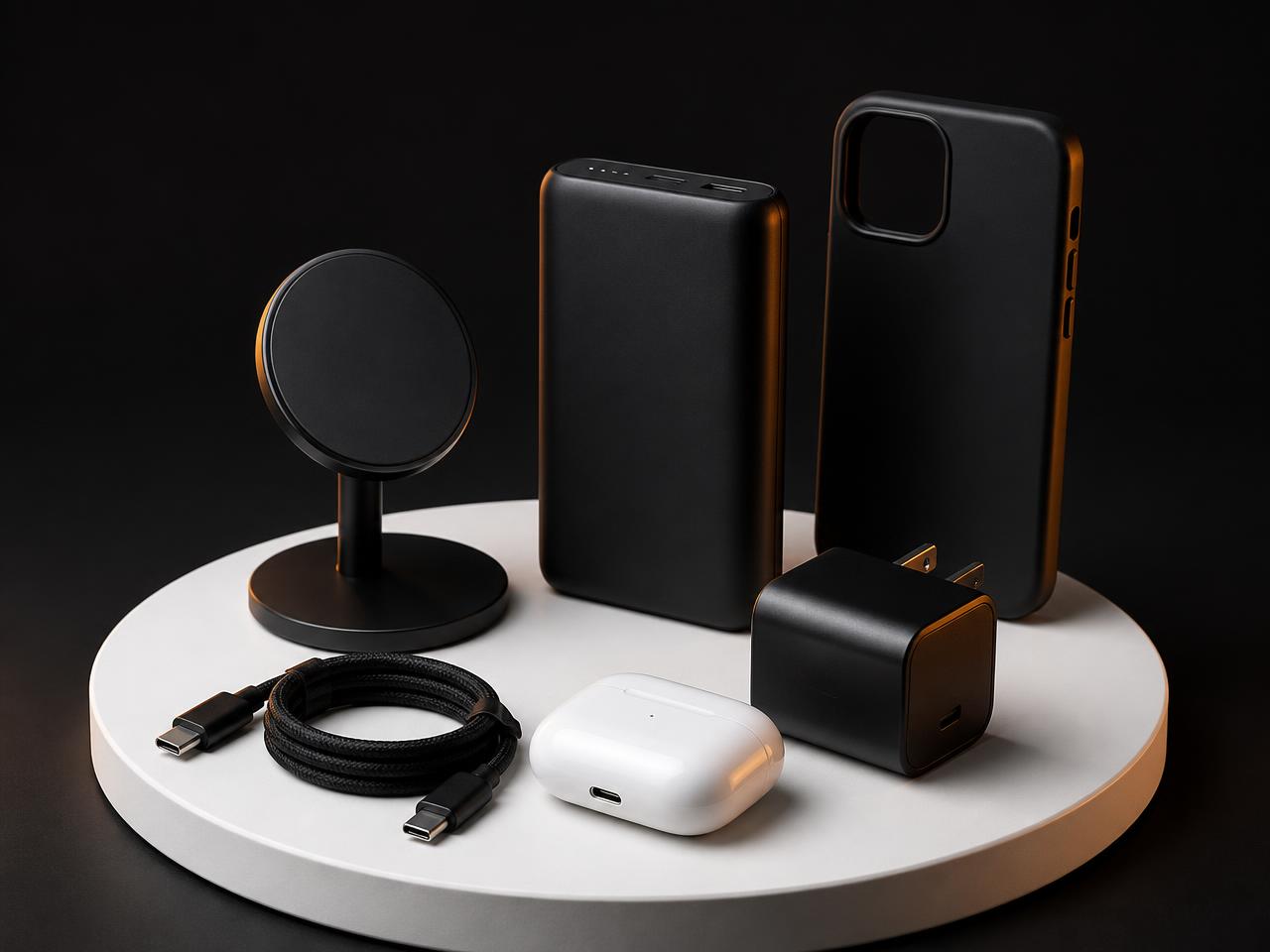 Gadget Club accessory kit: power bank, charging stand, cable, adapter, earbuds and phone case
